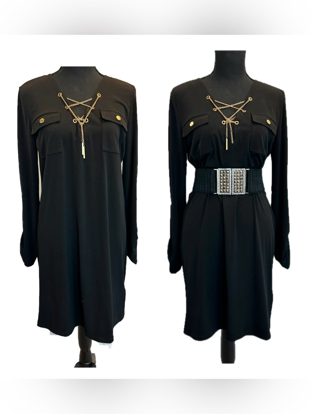 Michael Kors shift shirt dress gold-tone chain lace-up neckline flap pockets M